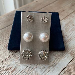 NEW Earring Bundle. Faux silver, diamond, pearl studs. Set of 3